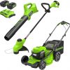 Amazon:$487.99 ($609.99)Greenworks 2 x 24V 21'' Brushless Cordless (Self-Propelled) Lawn Mower + Blower (320 CFM) + 12'' String Trimmer, (2) 5.0Ah Batteries and Charger Included (125+ Compatible Tools)