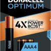 Amazon : $3.99 ($9.99)  Duracell Optimum AAA Batteries with Power Boost Ingredients, 4 Count Pack Triple A Battery with Long-lasting Power, All-Purpose Alkaline AAA Battery for Household and Office Devices