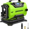 Amazon:$67.99 ($109.99)Greenworks 40V Cordless Tire Inflator, 160 PSI Portable Air Compressor, 2 Power Sources, Auto Shut Off, for Car, Bicycle, Motorcycle, Air Boat, Inflatables, Tool Only