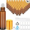 Amazon : $14.94 ($29.88)    48-Pack Essential Oil Roller Bottles, 10ml Amber Glass Roll on Bottles with Stainless Steel Roller Ball, Opener, Plastic Pipettes, Funnel, Stickers, Refillable Container for Perfume