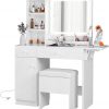 Amazon : $201.60 ($269.99)  IRONCK Vanity Desk with LED Lighted Mirror & Power Outlet, Makeup Table with Drawers & Cabinet,Storage Stool,for Bedroom, White