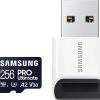 Amazon : $24.99 ($49.99)  SAMSUNG PRO Ultimate microSD Memory Card+Reader, 256GB microSDXC, Up to 200 MB/s, 4K UHD, UHS-I, Class 10, U3,V30, A2 for GoPRO Action Cam, DJI Drone, Gaming, Phones, Tablets, MB-MY256SB/AM