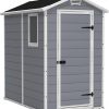 Amazon : $372.99 ($599.00)  KETER Manor 4x6 Resin Outdoor Storage Shed Kit-Perfect to Store Patio Furniture, Garden Tools Bike Accessories, Beach Chairs and Lawn Mower, Grey & White