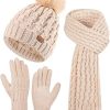 Amazon : $9.99 ($29.99)  Women Winter Beanie Hat Scarf Gloves Set Pom Hat with Warm Fleece Lined Long Knit Scarf Touchscreen Gloves for Cold Weather