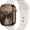 Amazon : $629.00 ($699.00)   Apple Watch Series 10 [GPS + Cellular 42mm case] Smartwatch with Gold Titanium Case with Starlight Sport Band - S/M. Fitness Tracker, ECG App, Always-On Retina Display, Water Resistant