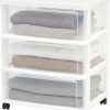 Amazon:$39.99 ($69.99)IRIS USA Plastic Drawer Storage Organizer Rolling Cart, with Wheels Casters, 3-Drawers, for Classroom Art Craft Supplies Dresser Closet Bathroom Dorm Bedroom Laundry Room, Wide, White/Clear
