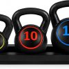 Amazon : $39.98 ($59.99)  Best Choice Products 3-Piece Kettlebell Set with Storage Rack, HDPE Coated Exercise Fitness Concrete Weights for Home Gym, Strength Training, HIIT Workout 5lb, 10lb, 15lb