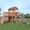 Amazon:$1698.99 ($1999.00)Backyard Discovery Sterling Point All Cedar Wooden Swing Set, Raised Clubhouse, Grey Wave Slide, Web Swing, Climbing Wall, 10ft Wave Slide, 2 Belt Swings, Front Porch, Bridge