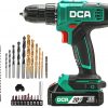 Amazon : $29.89 ($45.99)    DCA Cordless Drill Set, 336 in-lbs Torque, 3/8'' Keyless Chuck, Electric Power Drill with 2.0Ah Battery and Charger,18+1 Position,25-Piece 20V Drill Driver Kit, ADJZ2035
