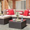 Amazon : $279.99 ($379.99)  Vongrasig 5 Piece Patio Furniture Sets, All-Weather Brown PE Wicker Outdoor Couch Sectional Set, Small Conversation Set for Garden/Patio w/Ottoman, Glass Table, Red Pillow, Beige