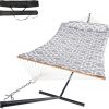 Amazon : $152.00 ($179.00)  Double Hammock with Stand, 2 Person Cotton Rope Hammock with Removable Polyester Pad, 500LBS Capacity, Portable & Adjustable Design, Includes Storage Bag, Indoor Outdoor Use,White-Gray