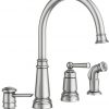 Amazon:$154.99 ($220.54)Moen Edison Spot Resist Stainless One-Handle High Arc 4-hole Kitchen Faucet with Side Sprayer and Soap Dispenser, 87042SRS