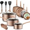 Amazon : $62.99 ($125.99)  NutriChef 14-Piece Nonstick Cookware PFOA/PFOS-Free Heat Resistant Lacquer Kitchen Ware Set w/Saucepan, Frying Pans, Cooking, Dutch Oven Pot, Lids, Utensils, NCCW14S, Shiny Golden
