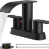 Amazon:$32.93 ($65.99)FORIOUS Matte Black Bathroom Sink Faucet, Waterfall 4 Inch Centerset Bathroom Faucets with Metal Pop up Drain and cUPC Hose for Basin,Vanity, Rv, Lavatory 2 or 3 Hole Sink