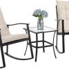 Amazon : $99.95 ($149.99)  Shintenchi Outdoor 3-Piece Rocking Bistro Set,Wicker Patio Furniture Porch Chairs Conversation Sets with Glass Coffee (Beige Cushion)