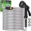 Amazon:$29.99 ($46.99)Garden Hose 50ft, Heavy Duty Stainless Steel Water Hose with 10 Functional Nozzles, No Kink, Lightweight and Flexible, Easy to Use and Store, Strong and Sturdy, Suitable for Yard and Lawn
