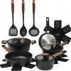 Amazon:$73.15 ($149.99)Oster Platinum Oxburg 14 Piece Forged Aluminum PFA Free Non-toxic Premium Ceramic Non Stick Interior Cookware & Kitchen Tools Set - Black w/Wood Handles