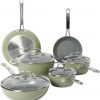 Amazon : $63.99 ($139.99)  Sur La Table Kitchen Essentials 10 Piece PFA Free Non-Toxic Titanium Ceramic Nonstick Interior Forged Aluminum Cookware Pots and Pans Set - Green - Induction Compatible