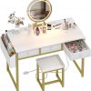 Amazon : $84.99 ($119.99) Lufeiya White Makeup Vanity Desk with Mirror and Lights, 40 inch Make Up Vanity Desks with Fabric Drawers & Charging Station, Dressing Table and Chair Set for Bedroom Girls, White Gold